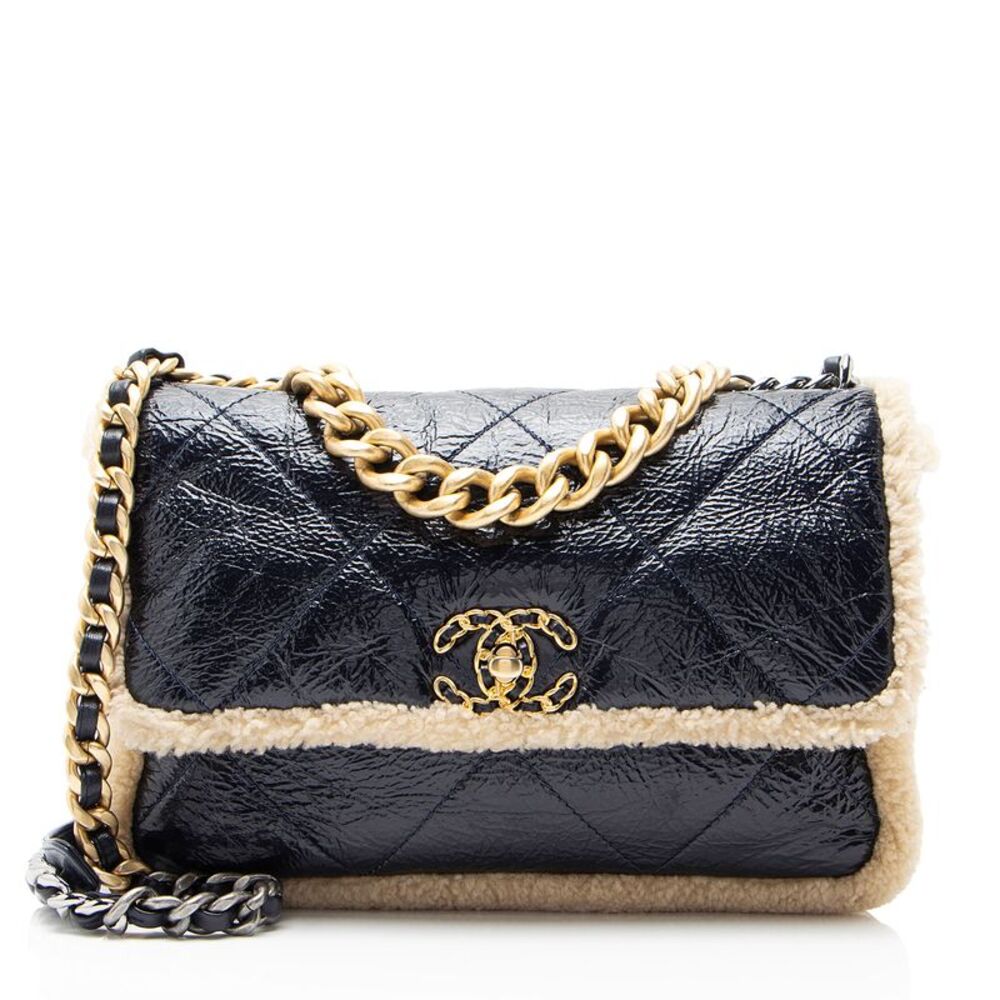 Chanel Shiny Crumpled Calfskin Shearling 19 Medium Flap Shoulder Bag